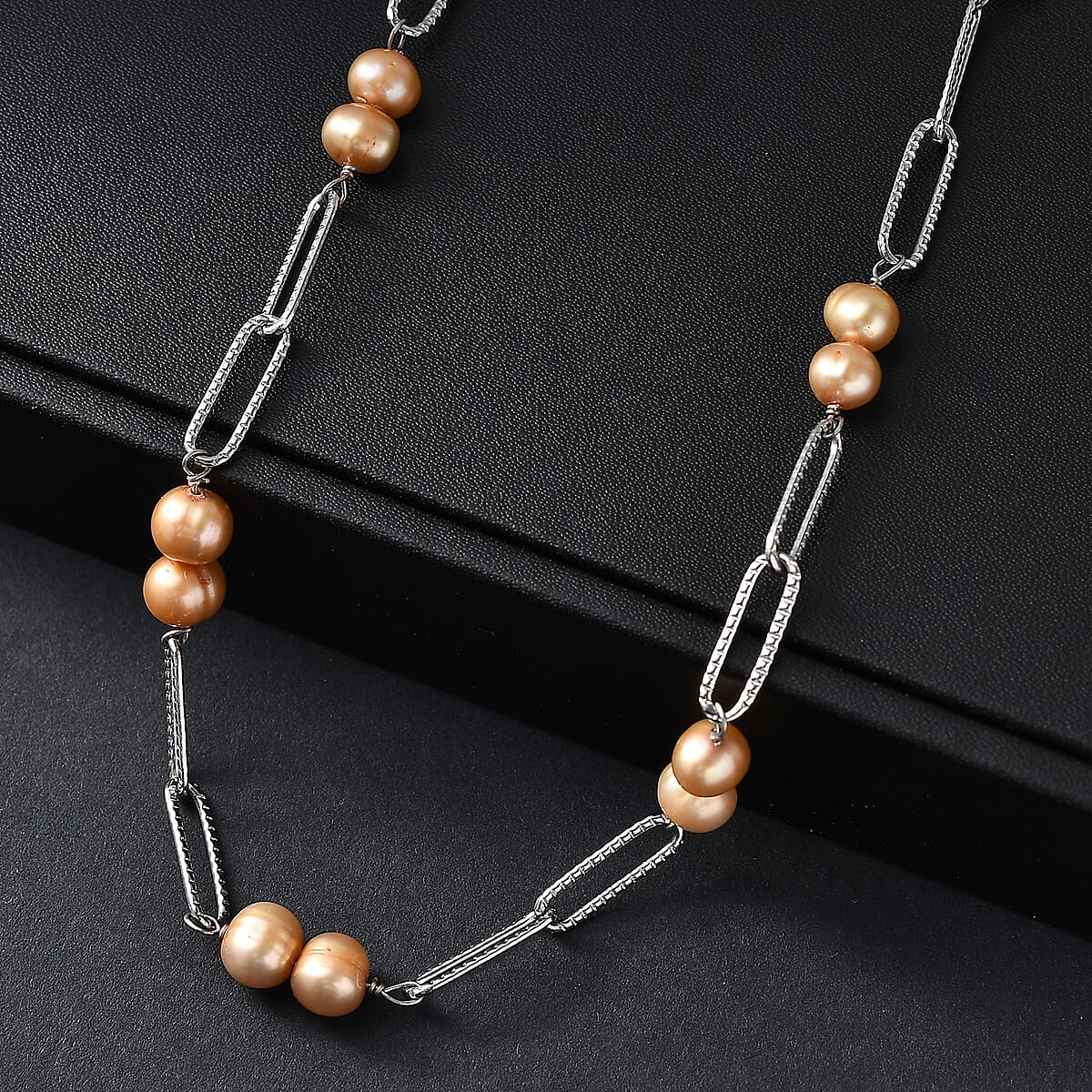 Golden Pearl Pearl Paper Clip Chain Necklace in Stainless Steel 20 Inches image number 1