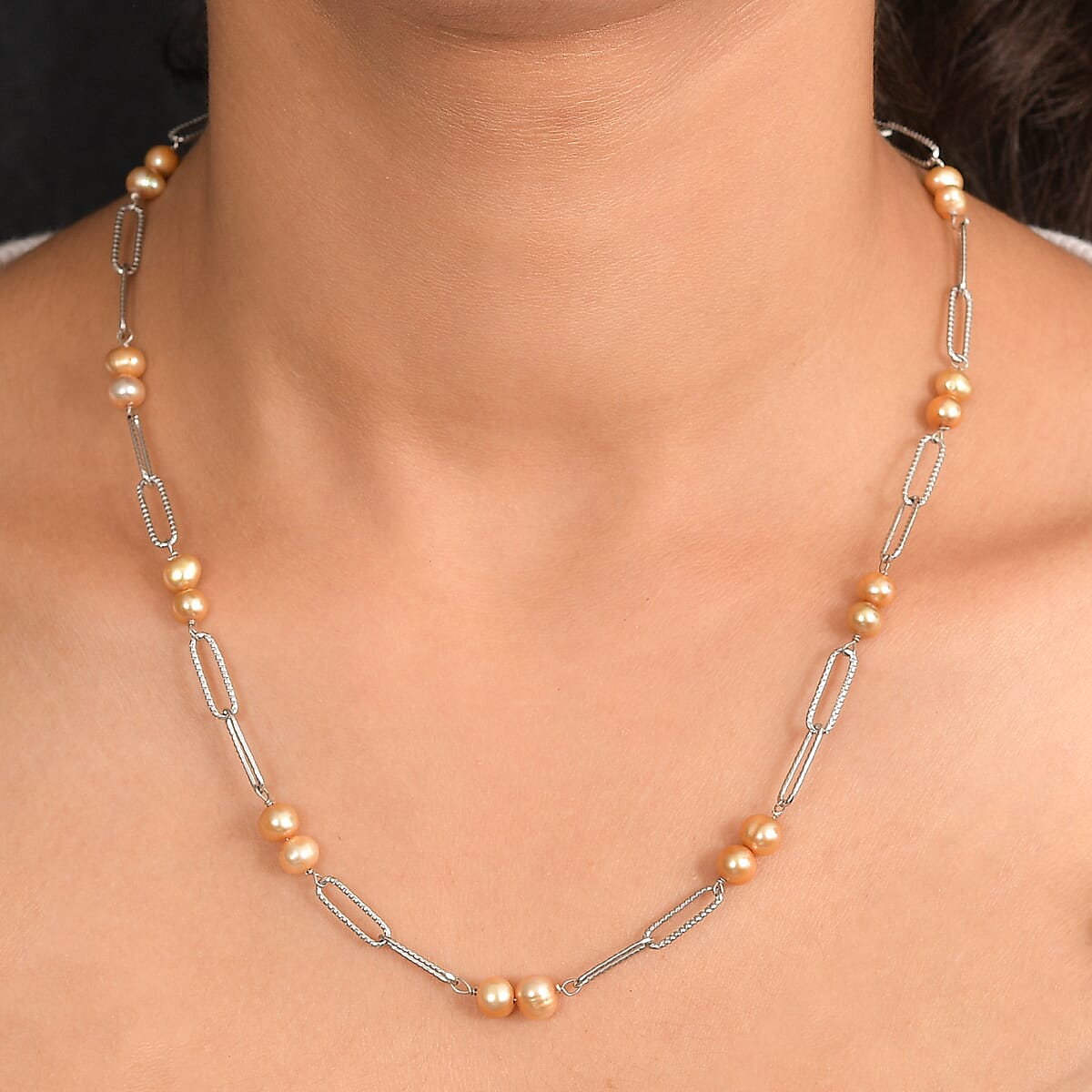 Golden Pearl Pearl Paper Clip Chain Necklace in Stainless Steel 20 Inches image number 2