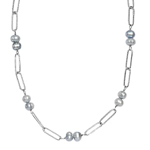 Blue Mabe Pearl Paper Clip Chain Necklace in Stainless Steel 20 Inches