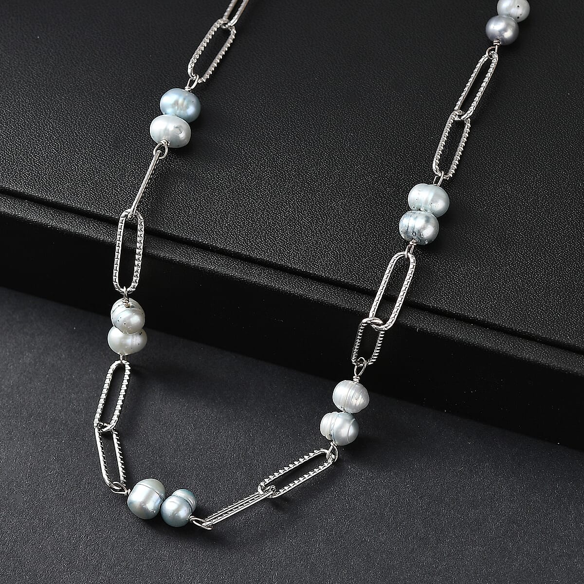 Blue Mabe Pearl Paper Clip Chain Necklace in Stainless Steel 20 Inches image number 1