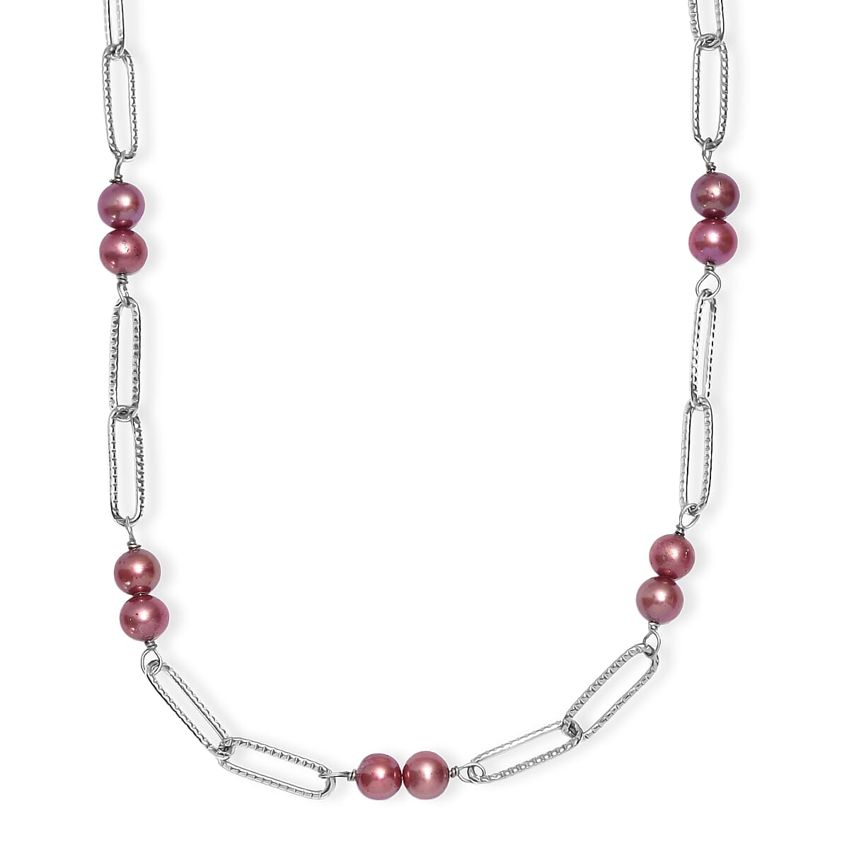 Magenta Dyed Pearl 6-6.5mm Paper Clip Chain Necklace in Stainless Steel 20 Inches image number 0