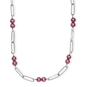 Magenta Dyed Pearl 6-6.5mm Paper Clip Chain Necklace in Stainless Steel 20 Inches