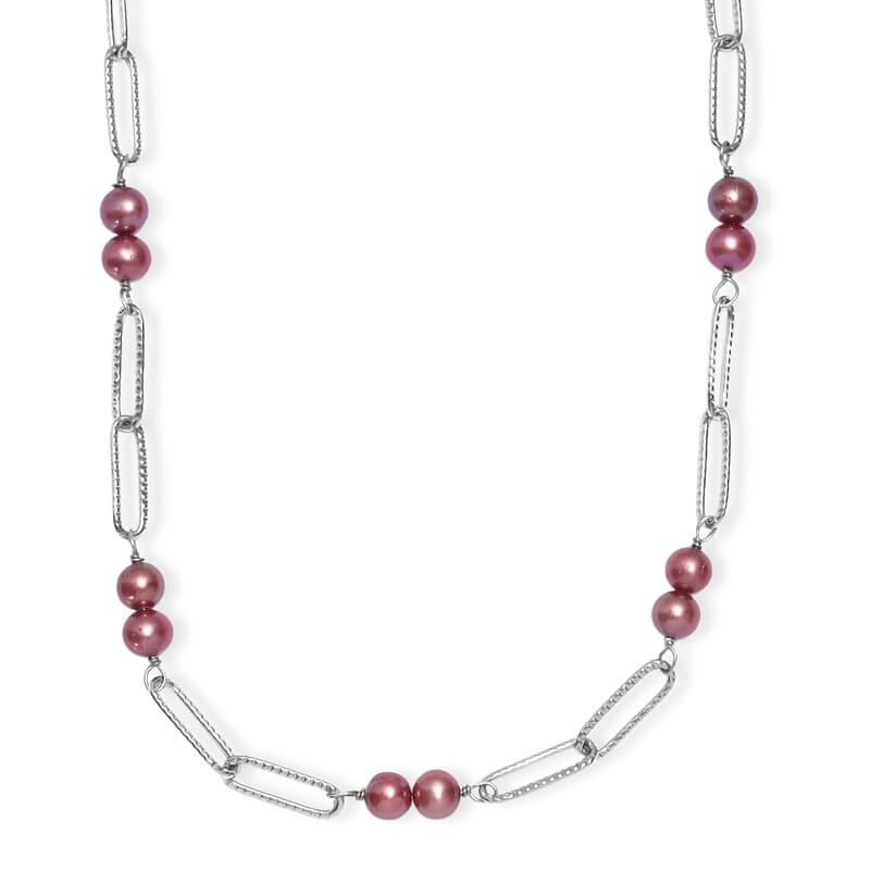 Magenta Pearl (D) 6-6.5mm Paper Clip Chain Necklace in Stainless Steel 20 Inches