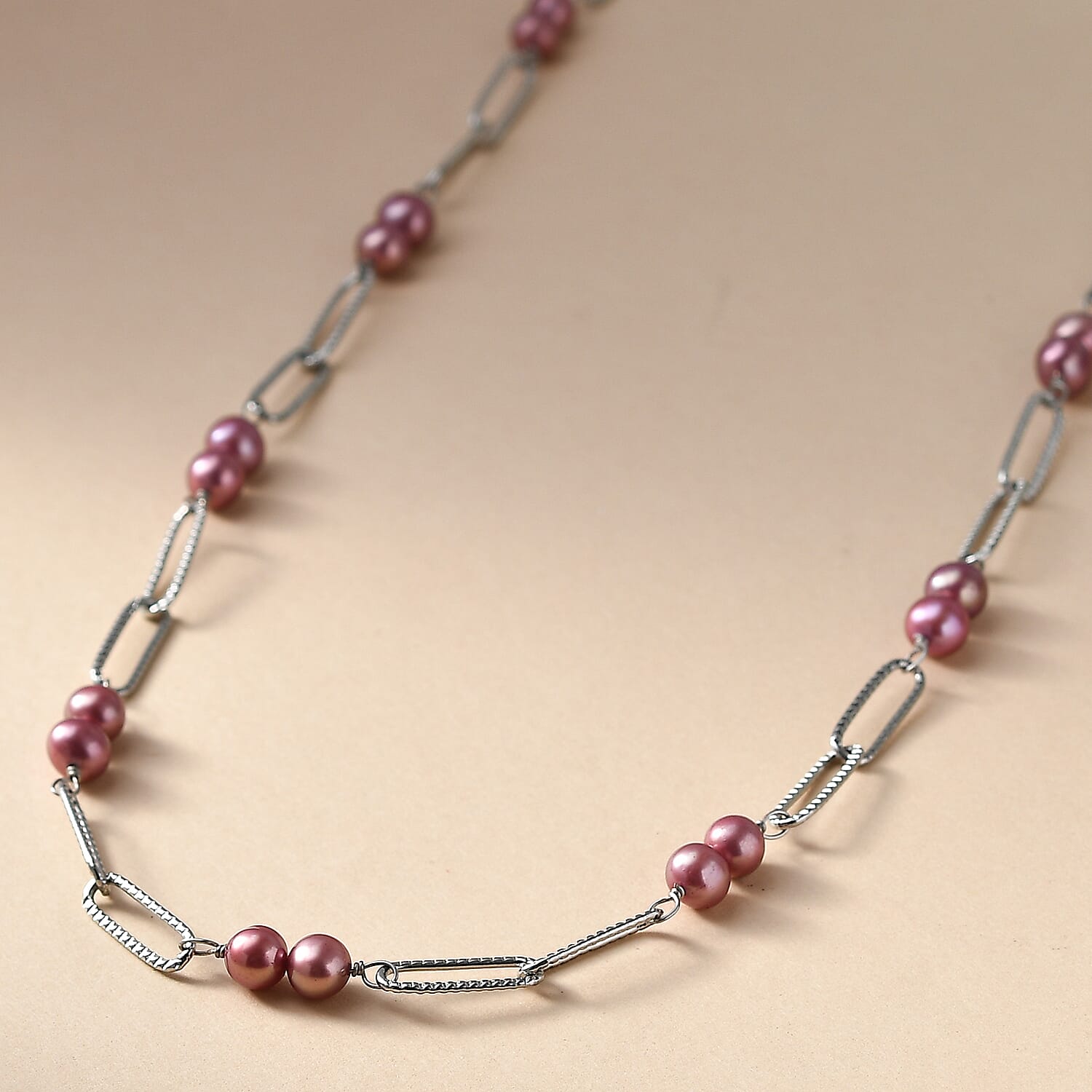 Magenta Pearl (D) 6-6.5mm Paper Clip Chain Necklace in Stainless Steel 20 Inches