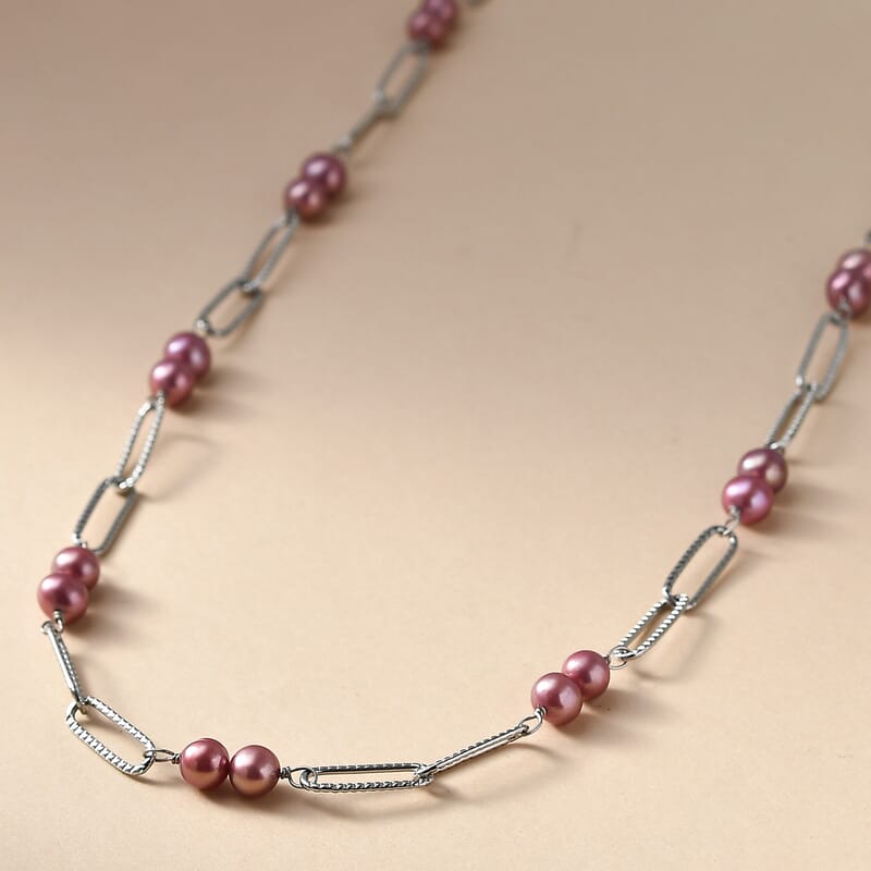 Magenta Pearl (D) 6-6.5mm Paper Clip Chain Necklace in Stainless Steel 20 Inches