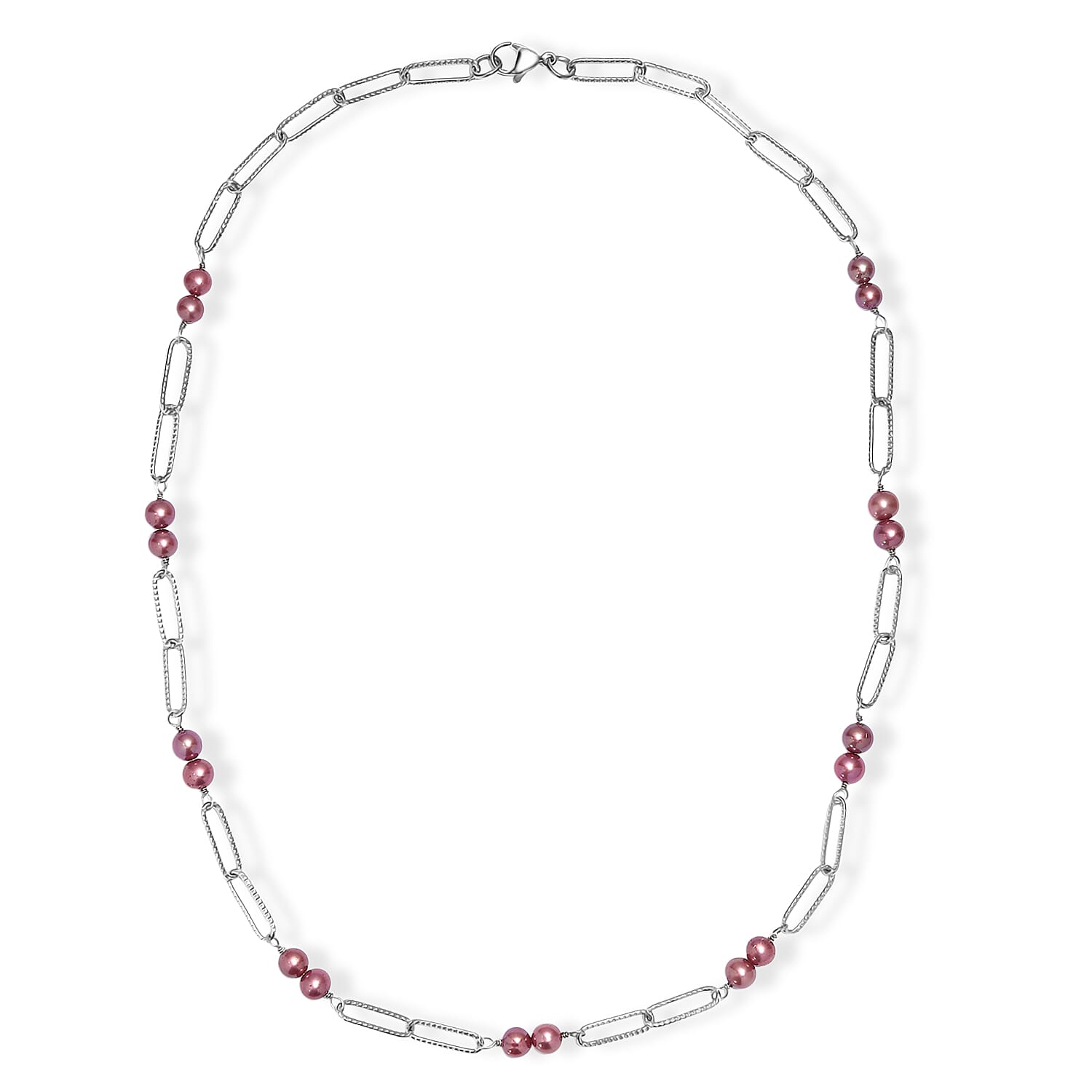 Magenta Pearl (D) 6-6.5mm Paper Clip Chain Necklace in Stainless Steel 20 Inches