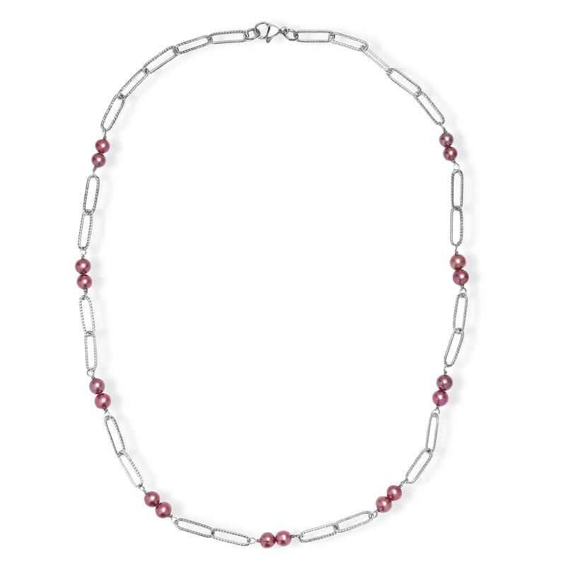 Magenta Pearl (D) 6-6.5mm Paper Clip Chain Necklace in Stainless Steel 20 Inches