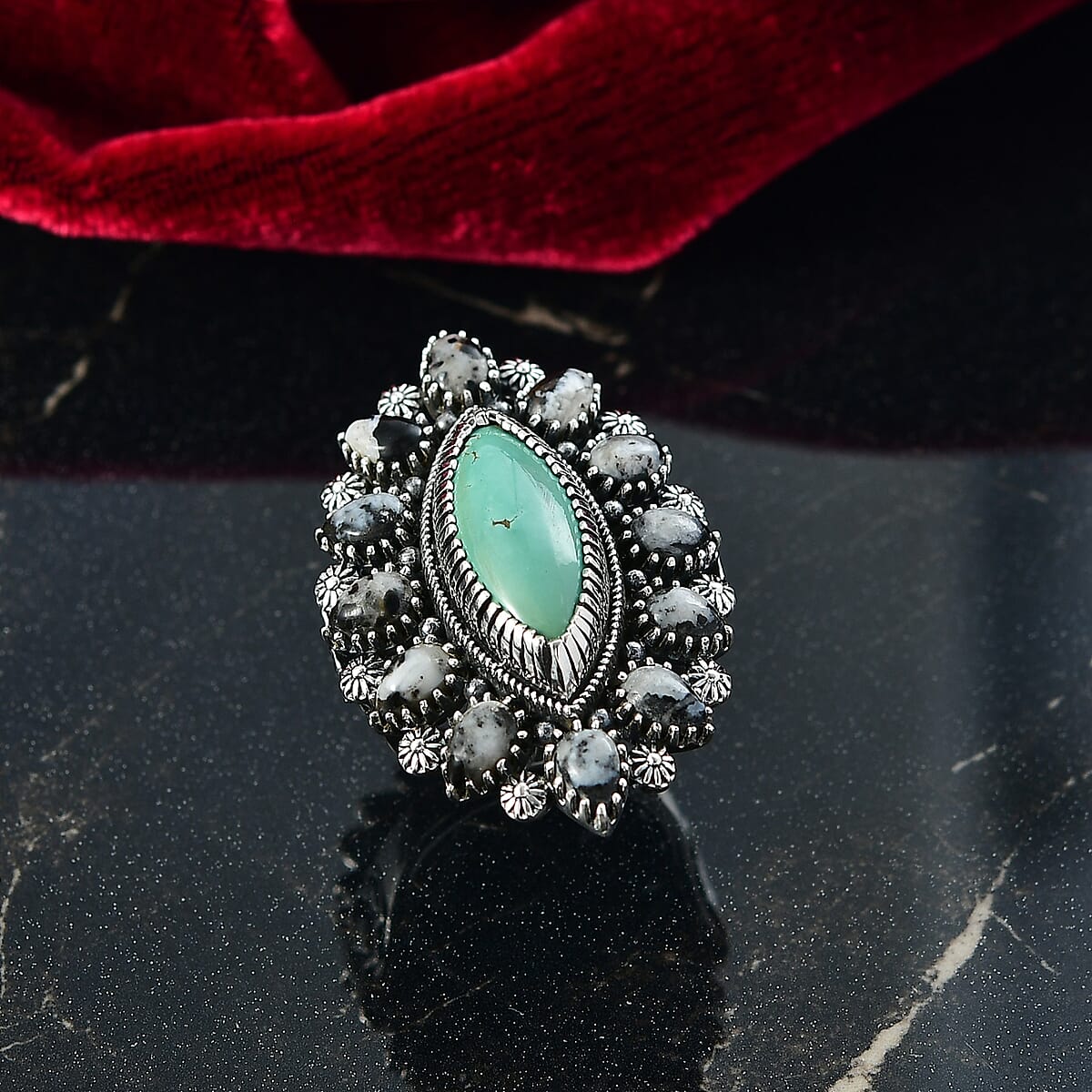 D'Joy Artisan Crafted Tahoe Naveda Turquoise and White Buffalo 11.80 ctw Ring in Sterling Silver (Size 10.0) image number 1