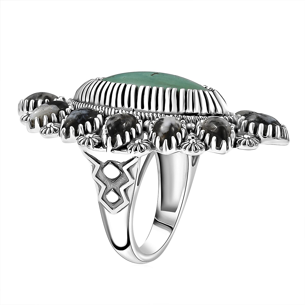 D'Joy Artisan Crafted Tahoe Naveda Turquoise and White Buffalo 11.80 ctw Ring in Sterling Silver (Size 10.0) image number 3