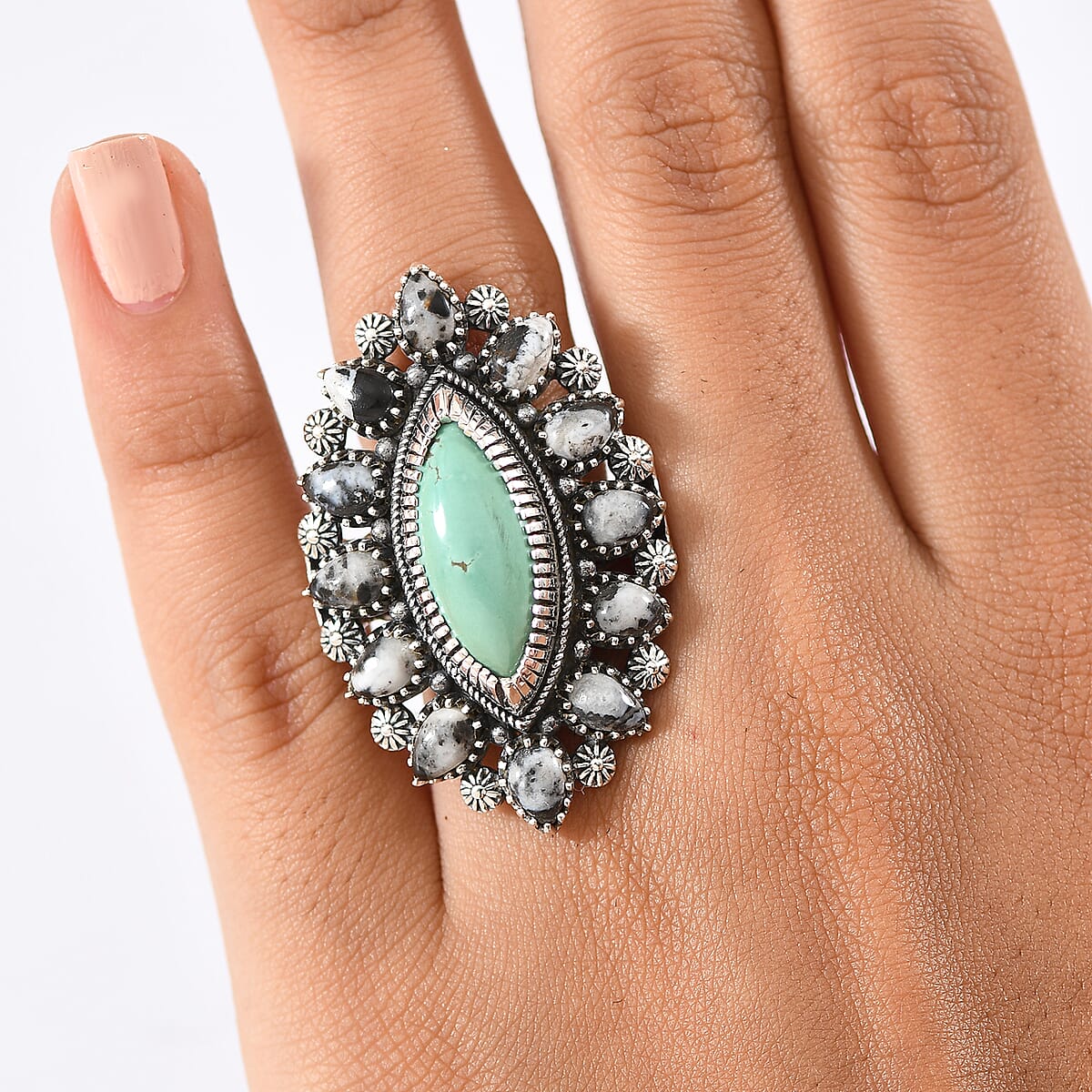 D'Joy Artisan Crafted Tahoe Naveda Turquoise and White Buffalo 11.80 ctw Ring in Sterling Silver (Size 7.0) image number 2