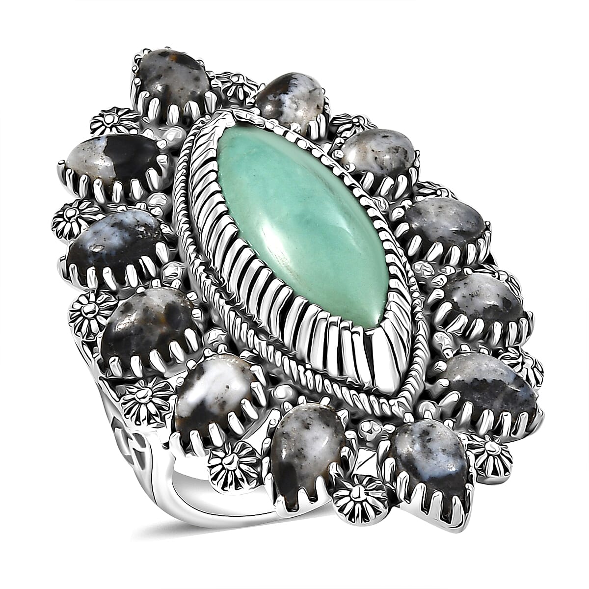 D'Joy Artisan Crafted Tahoe Naveda Turquoise and White Buffalo 11.80 ctw Ring in Sterling Silver (Size 9.0) image number 0