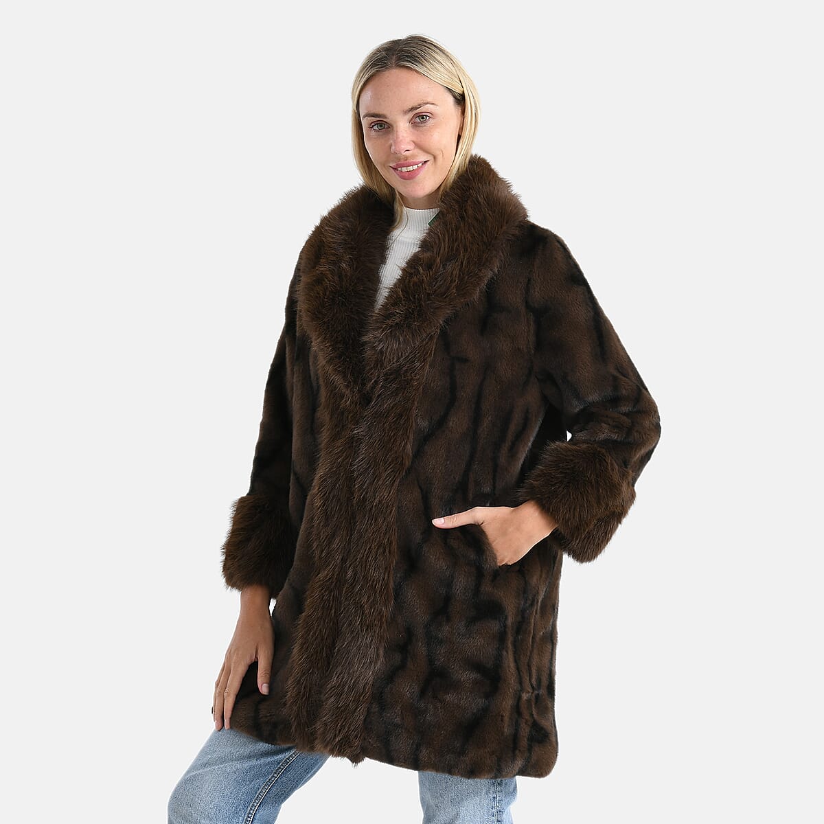 La Marey Brown and Animal Print Luxe Faux Fur Trench Jacket -S/M image number 2
