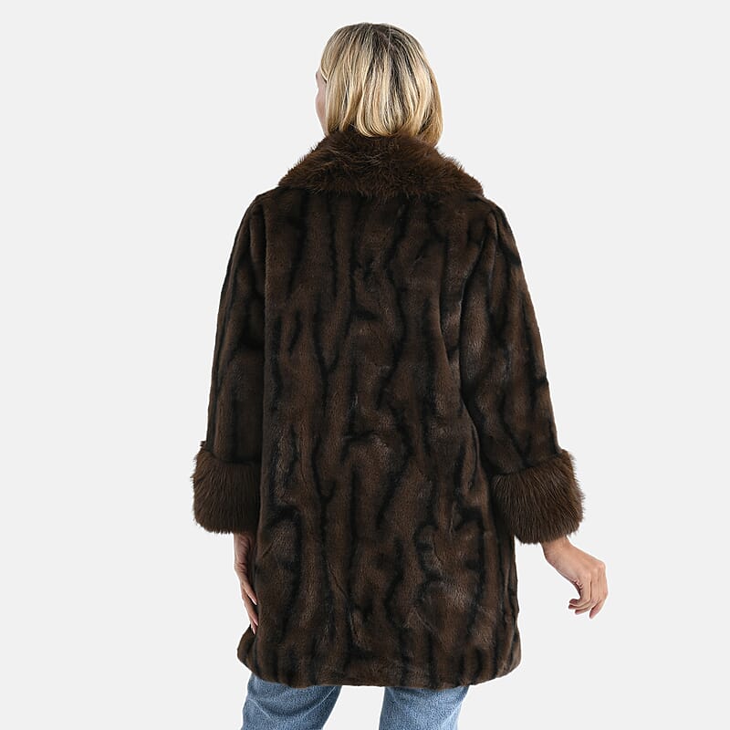 La Marey Brown and Animal Print Luxe Faux Fur Trench Jacket -S/M