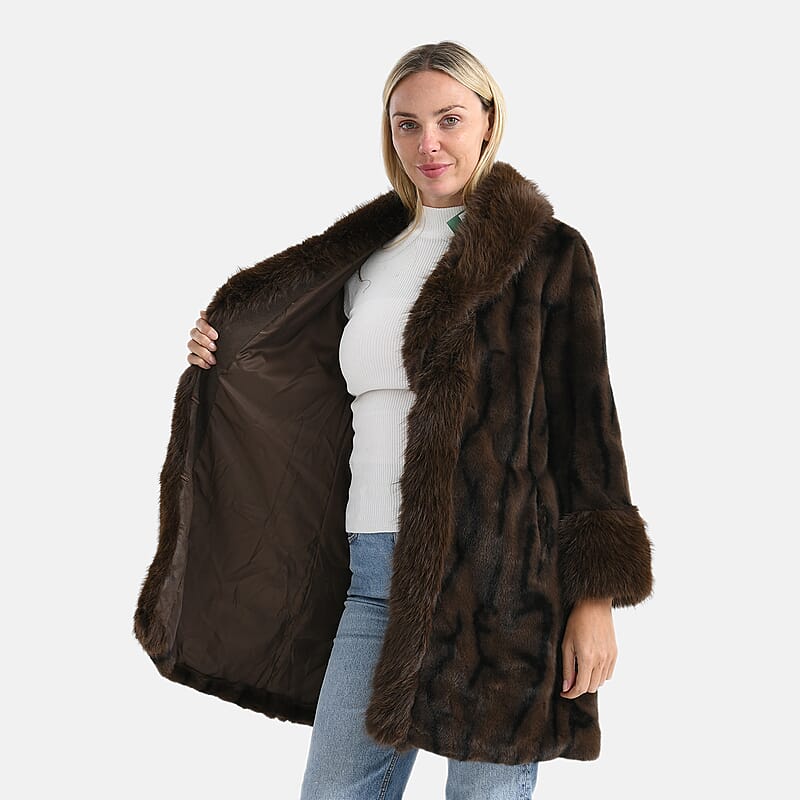 La Marey Brown and Animal Print Luxe Faux Fur Trench Jacket -S/M