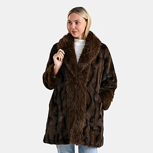 La Marey Brown and Animal Print Luxe Faux Fur Trench Jacket -L/XL