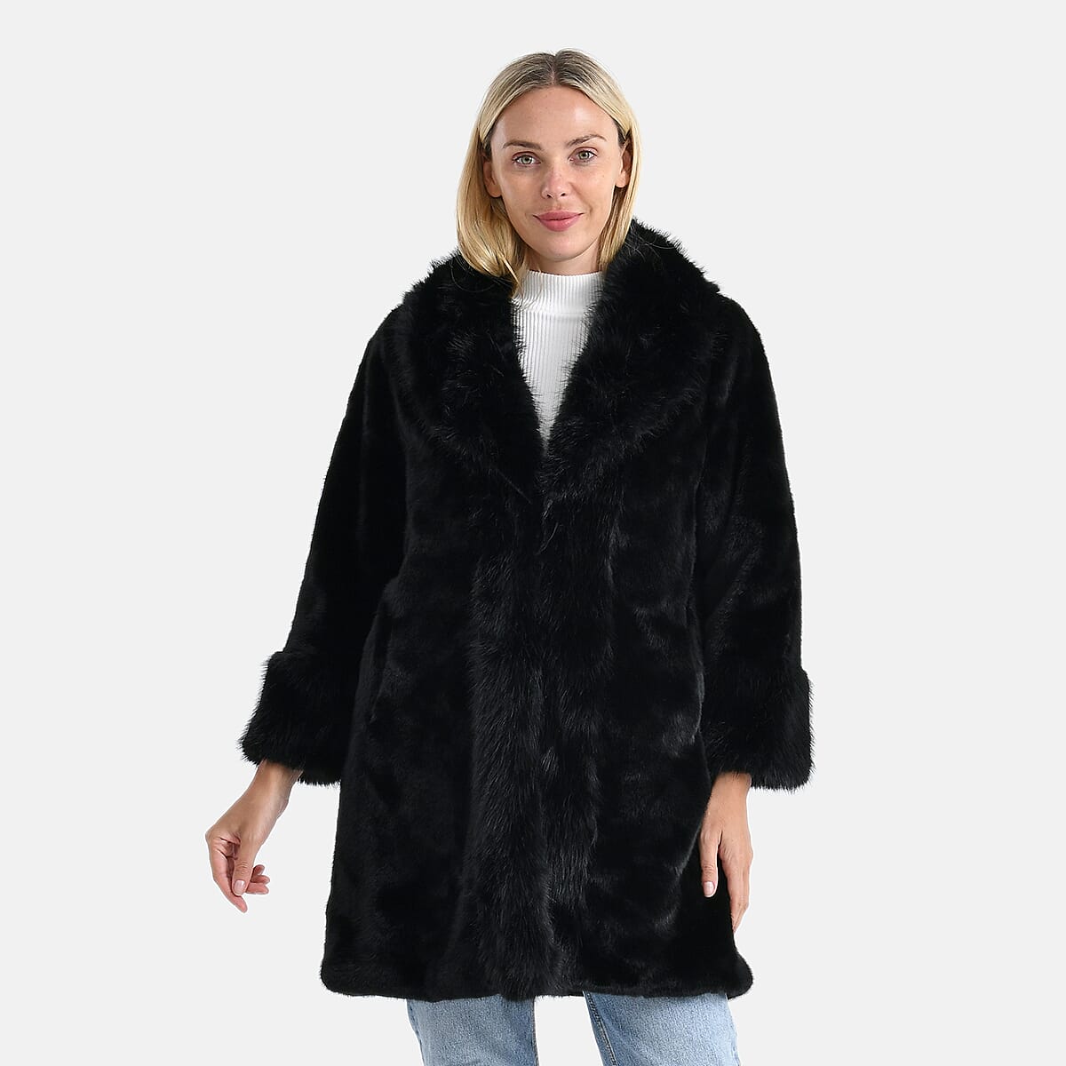 La Marey Black Luxe Faux Fur Trench Jacket -L/XL image number 0