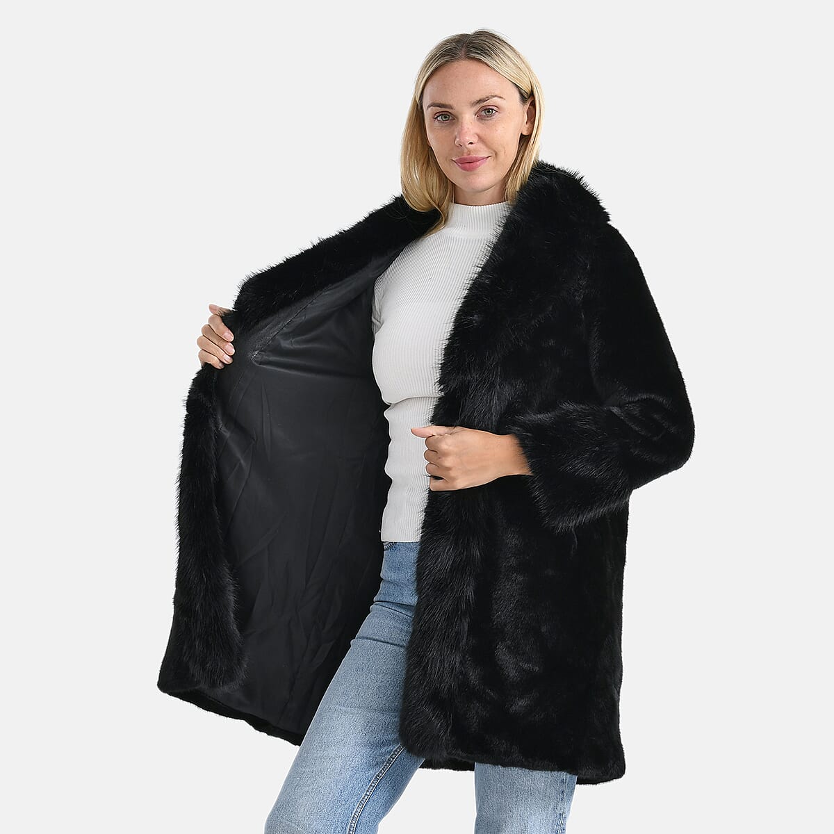 La Marey Black Luxe Faux Fur Trench Jacket -L/XL image number 4