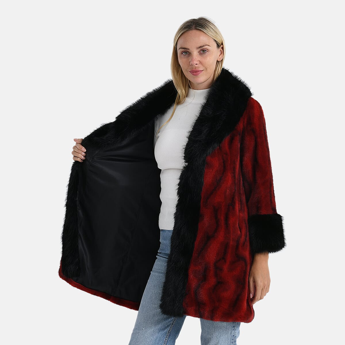 La Marey Burgundy Luxe Faux Fur Trench Jacket -L/XL image number 4