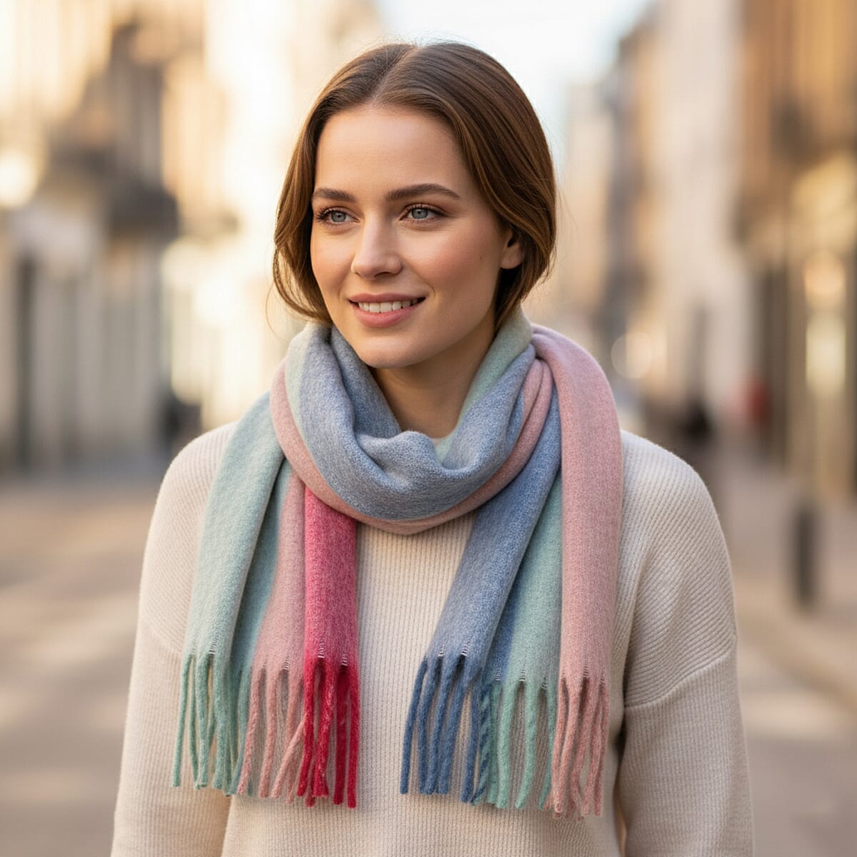 Tamsy Blue with Multi Color Scarf with Fringes image number 0