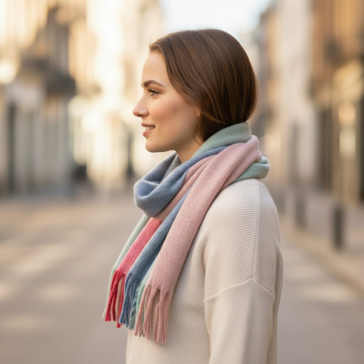 Tamsy Blue with Multi Color Scarf with Fringes image number 1