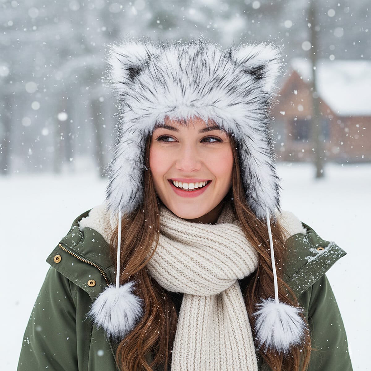 Tamsy White Hat with Bicolor Long Fur and Ears Decoration image number 1