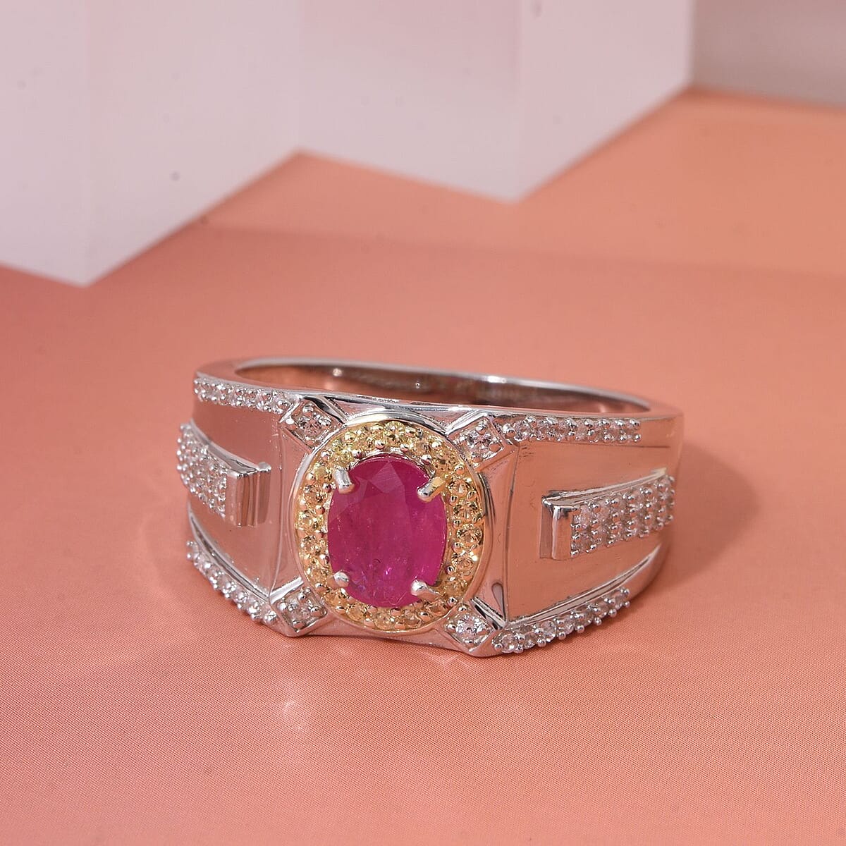 D'Joy Mozambique Ruby, Multi Gemstone Men's Ring in Rhodium Over Sterling Silver 2.15 ctw (Size 10.0) image number 1