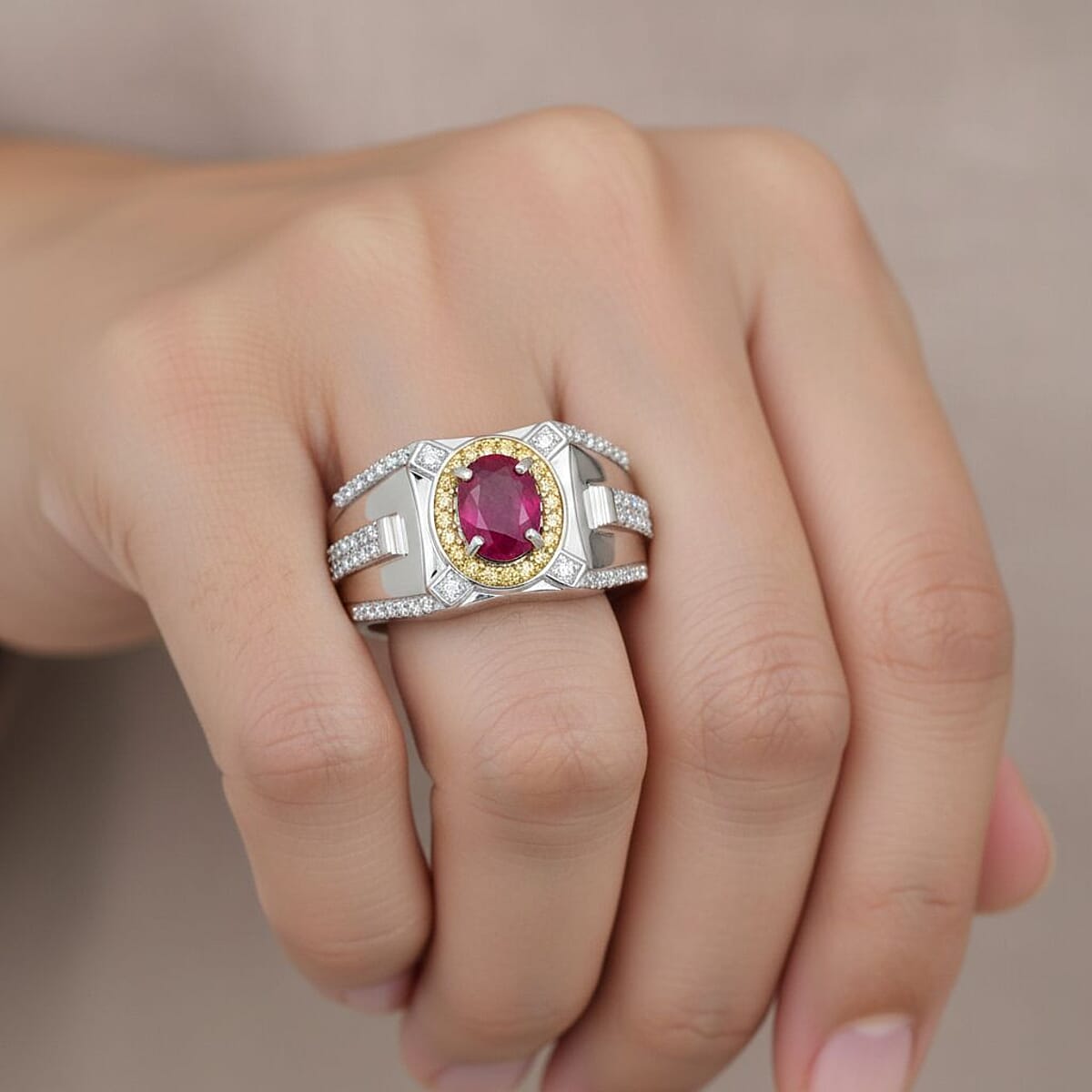 D'Joy Mozambique Ruby, Multi Gemstone Men's Ring in Rhodium Over Sterling Silver 2.15 ctw (Size 10.0) image number 2