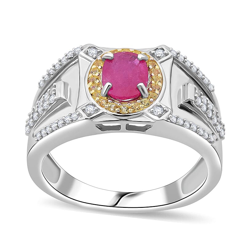 D'Joy Mozambique Ruby and Multi Gemstone 2.15 ctw Men's Ring in Rhodium Over Sterling Silver (Size 13.0)