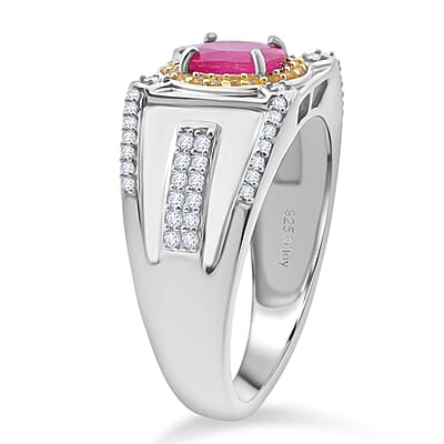 D'Joy Mozambique Ruby and Multi Gemstone 2.15 ctw Men's Ring in Rhodium Over Sterling Silver (Size 13.0)