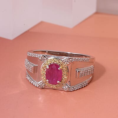 D'Joy Mozambique Ruby and Multi Gemstone 2.15 ctw Men's Ring in Rhodium Over Sterling Silver (Size 14.0)