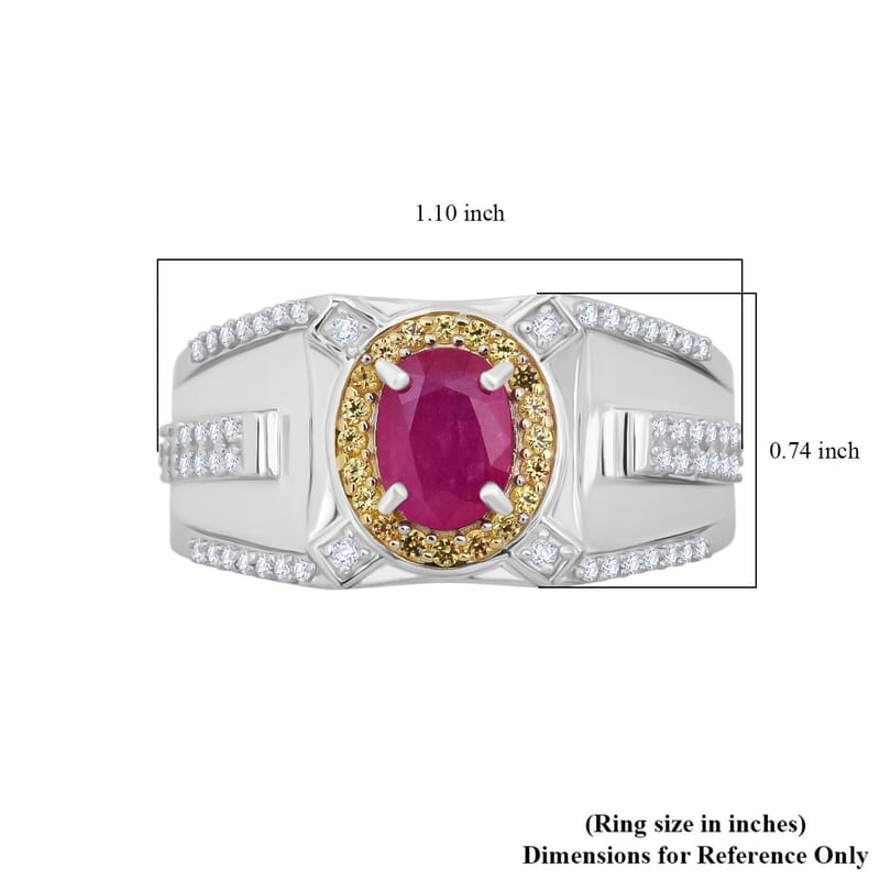 D'Joy Mozambique Ruby and Multi Gemstone 2.15 ctw Men's Ring in Rhodium Over Sterling Silver (Size 14.0)