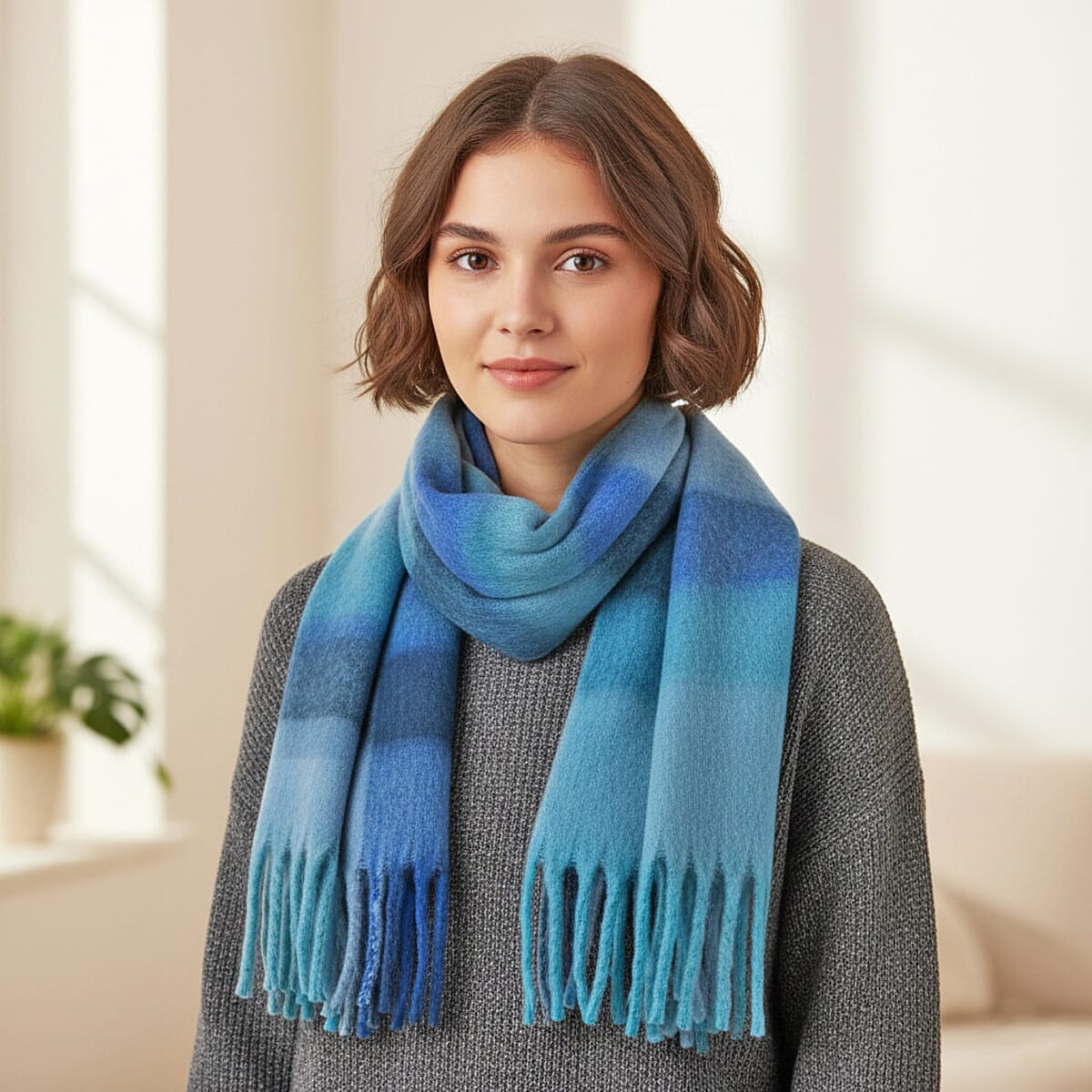 Tamsy Blue with Multi Color Scarf with Fringe image number 0