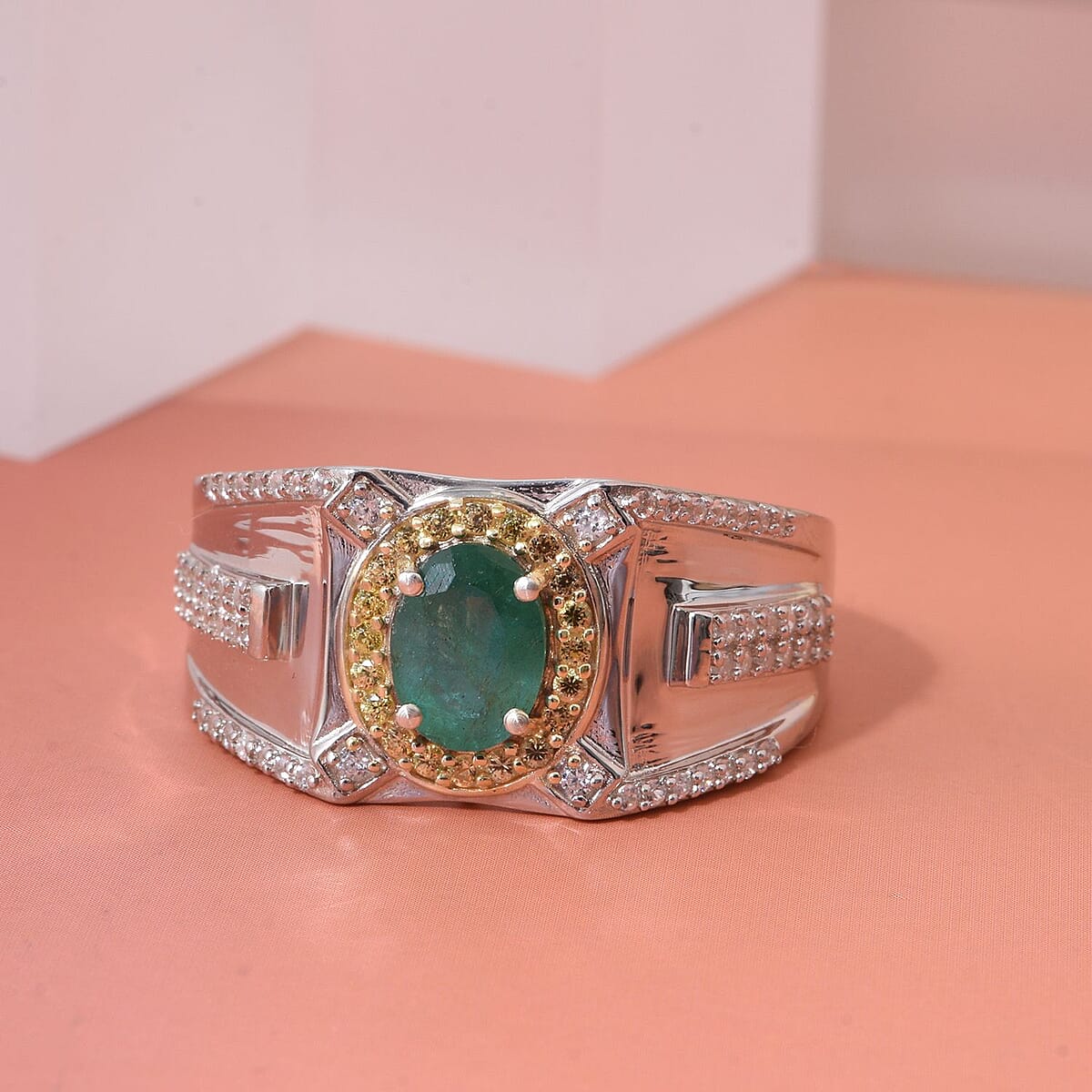 D'Joy Kagem Zambian Emerald and Multi Gemstone 2.00 ctw Men's Ring in Rhodium Over Sterling Silver (Size 10.0) image number 1