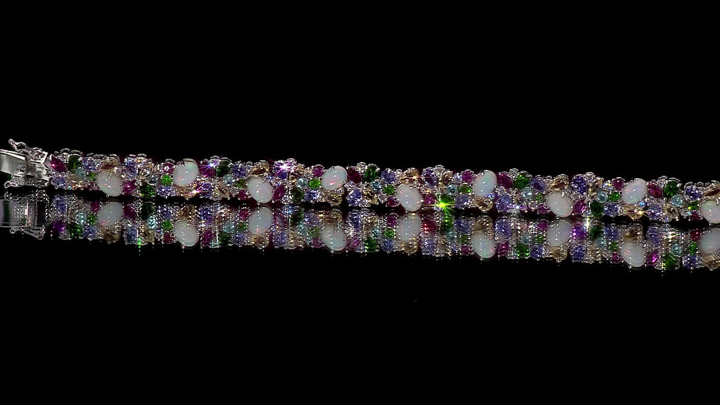 D'Joy Premium Ethiopian Welo Opal and Multi Gemstone 21.00 ctw Bracelet in Rhodium Over Sterling Silver (6.50 In)