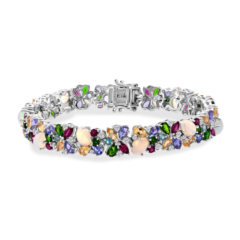 D'Joy Premium Ethiopian Welo Opal and Multi Gemstone 21.00 ctw Eternal Garden Bracelet in Rhodium Over Sterling Silver (8.00 In)