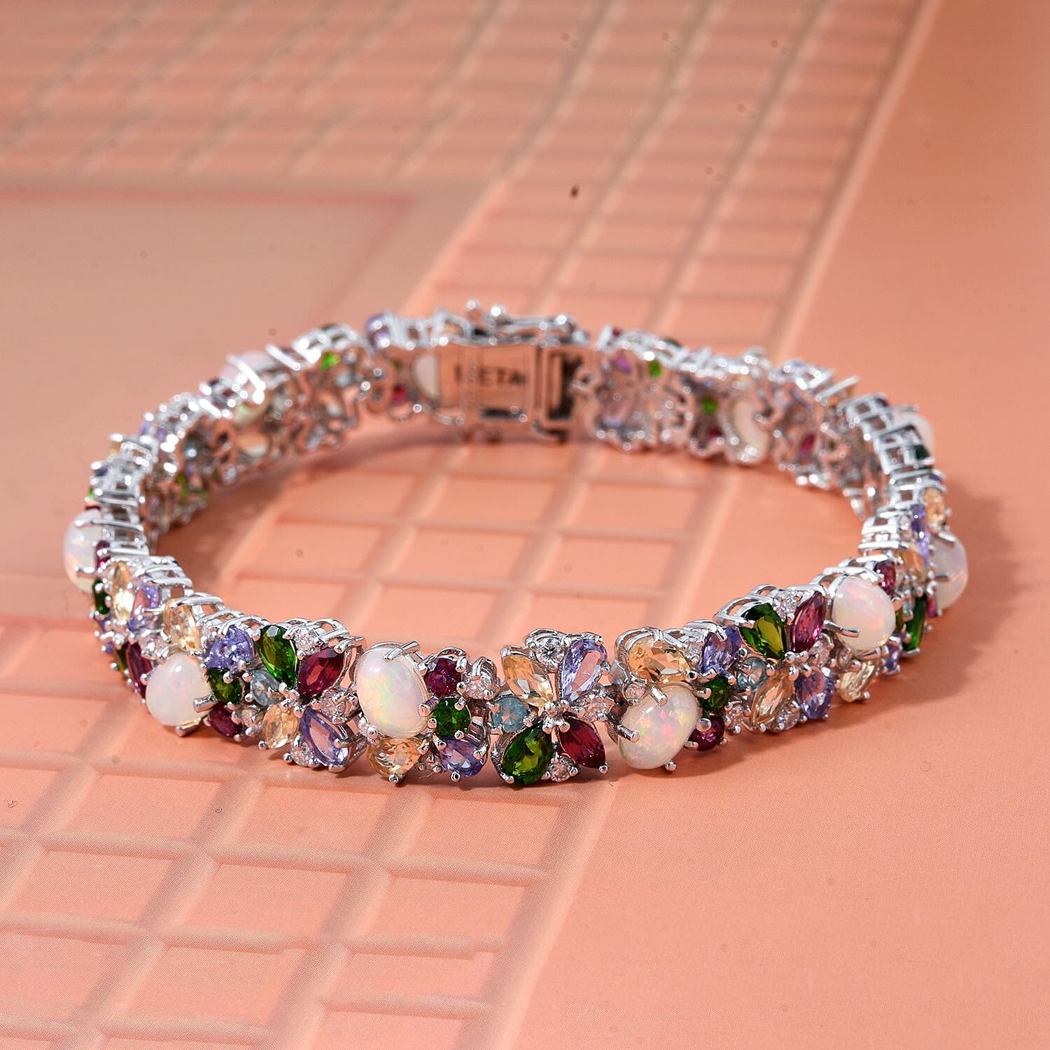 D'Joy Premium Ethiopian Welo Opal and Multi Gemstone 21.00 ctw Eternal Garden Bracelet in Rhodium Over Sterling Silver (8.00 In)