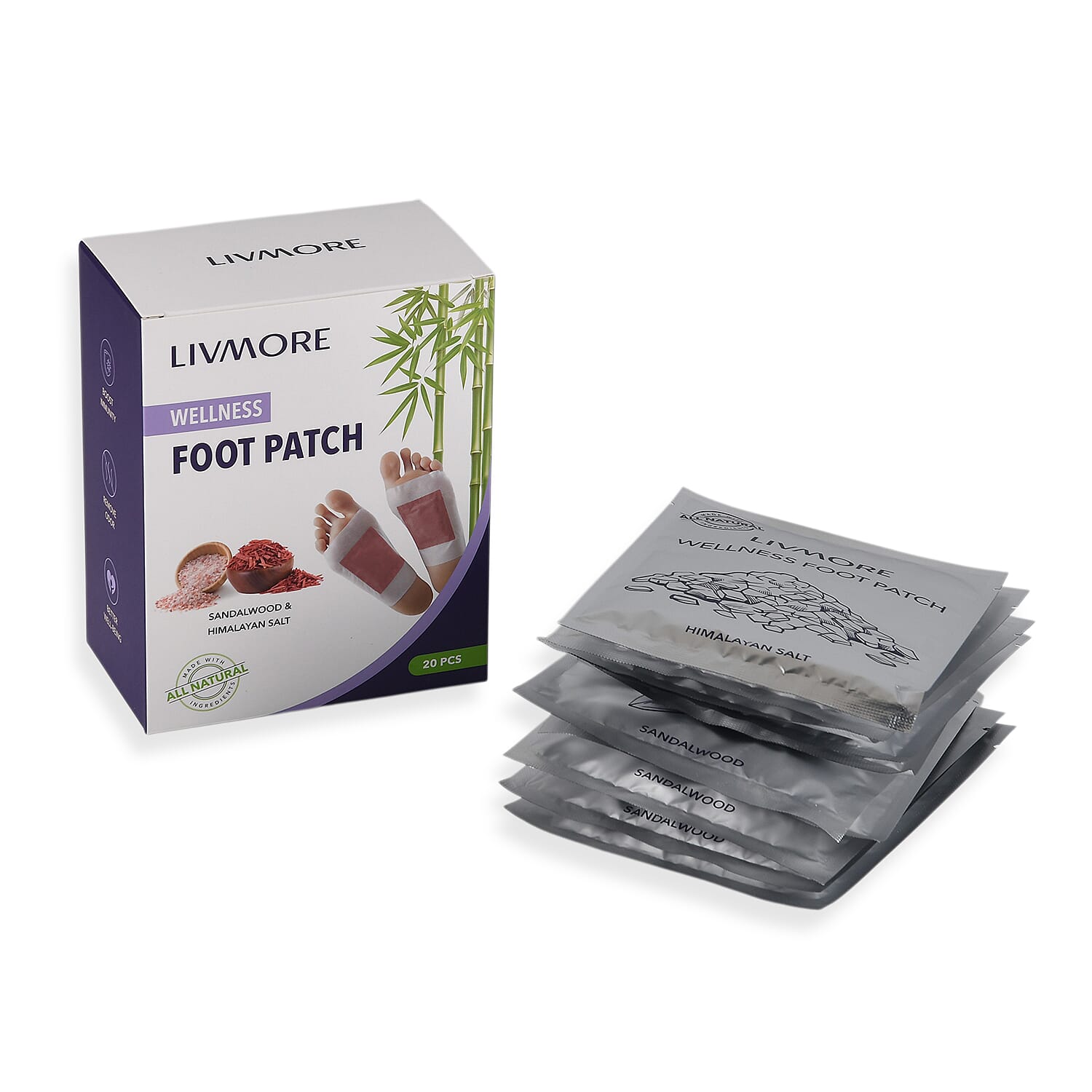 Livmore Set of 20 Detox Foot Patches - 10 pcs Sandalwood and 10 pcs Himalayan Salt
