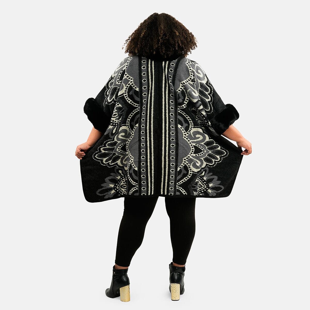 Instyle Black Broque Faux Fur Ruana - One Size Fits Most image number 1