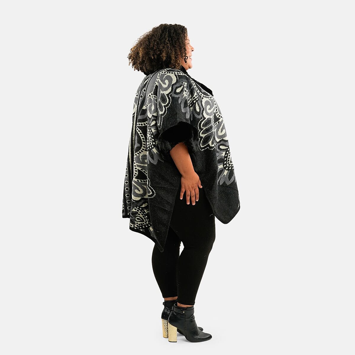 Instyle Black Broque Faux Fur Ruana - One Size Fits Most image number 2