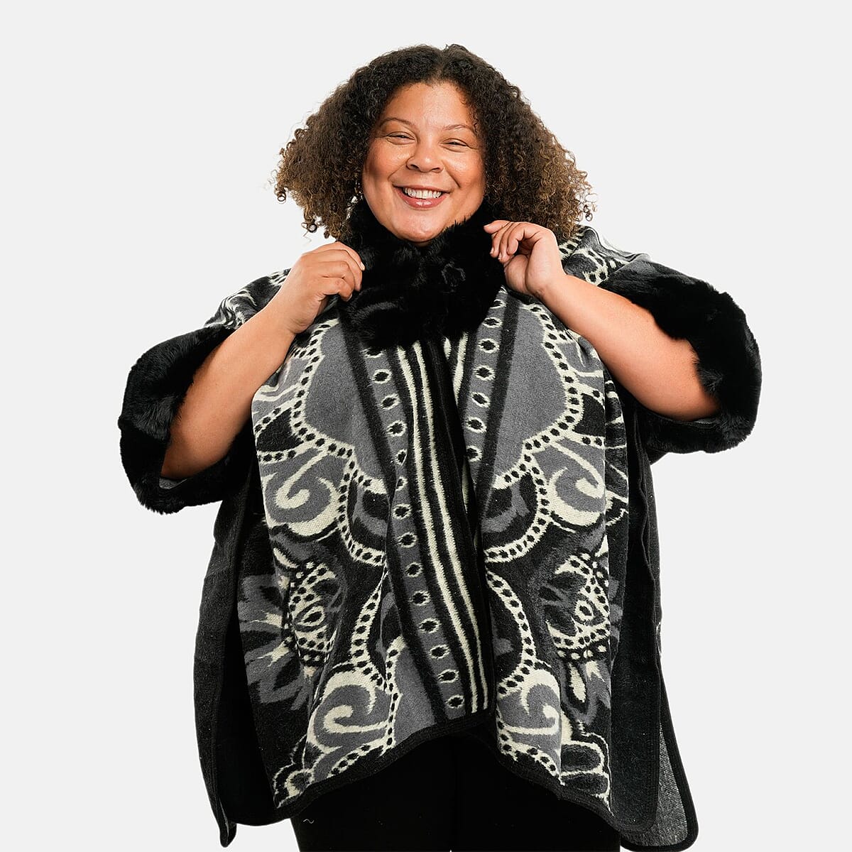 Instyle Black Broque Faux Fur Ruana - One Size Fits Most image number 3