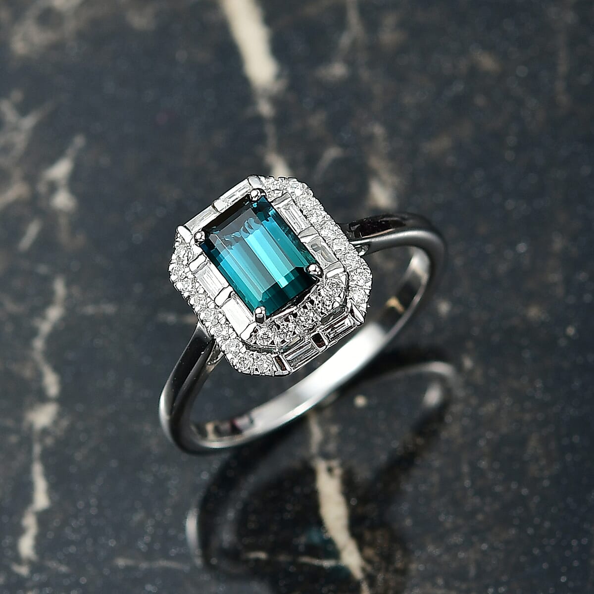 Certified & Appraised Luxoro AAA Monte Belo Indicolite and G-H I2 Diamond 1.51 ctw Ring in 10K White Gold (Size 7.0) image number 1
