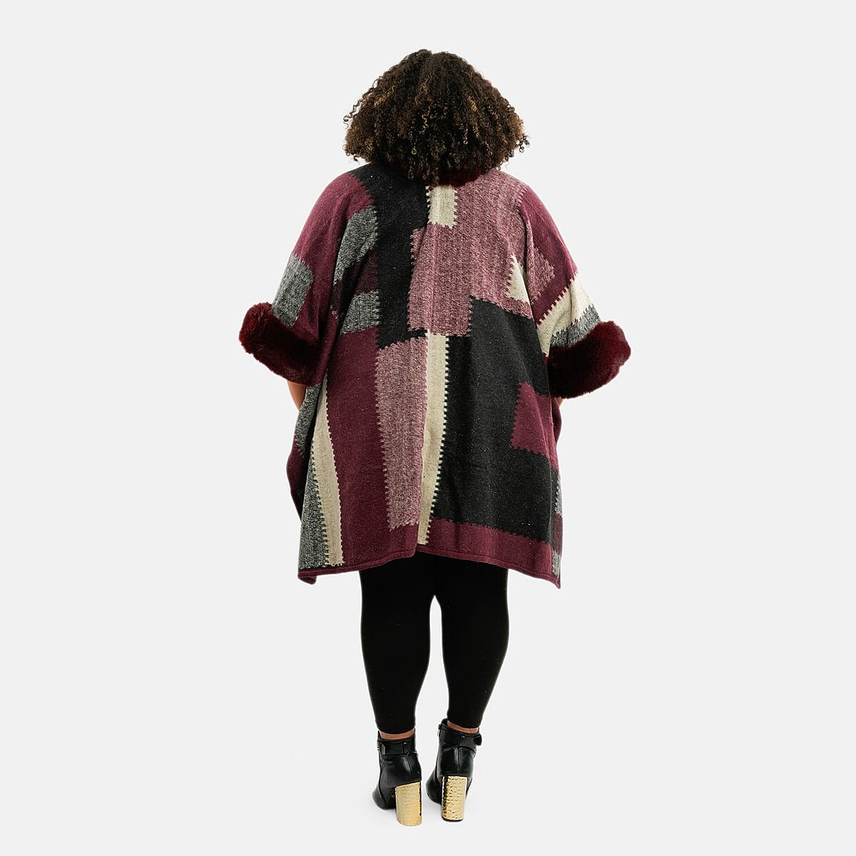 Instyle Red Geometric Faux Fur Ruana - One Size Fits Most image number 1