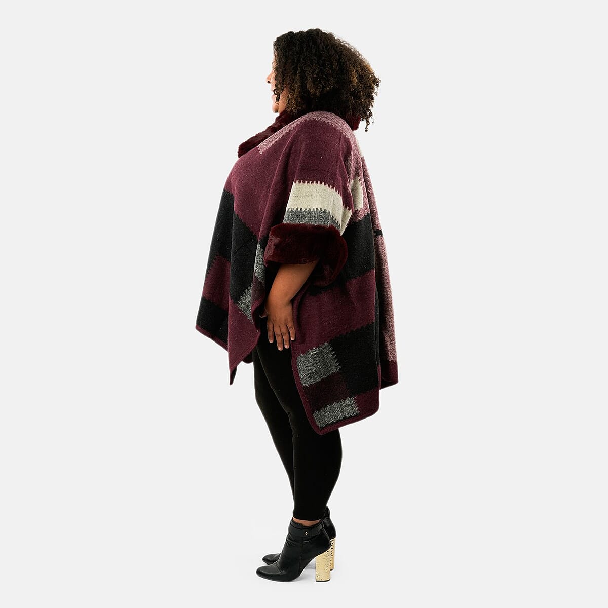 Instyle Red Geometric Faux Fur Ruana - One Size Fits Most image number 2