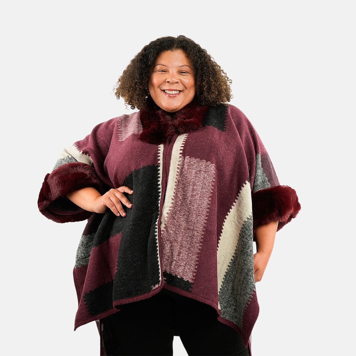 Instyle Red Geometric Faux Fur Ruana - One Size Fits Most image number 4