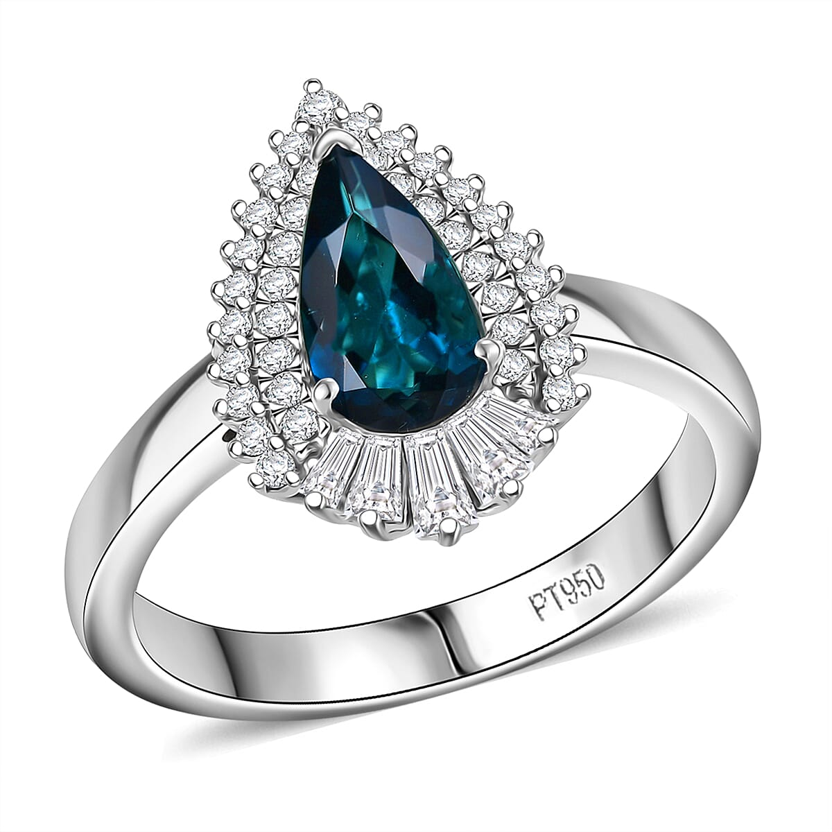 Certified & Appraised Rhapsody AAAA Monte Belo Indicolite and E-F VS Diamond 1.37 ctw Ring in 950 Platinum (Size 9.0) 6.48 Grams image number 0