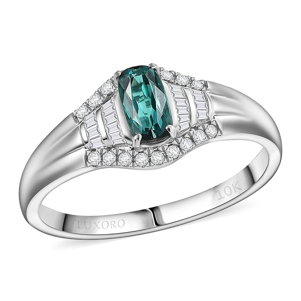 Certified & Appraised Luxoro AAA Monte Belo Indicolite and G-H I2 Diamond 0.94 ctw Ring in 10K White Gold (Size 10.0) image number 0