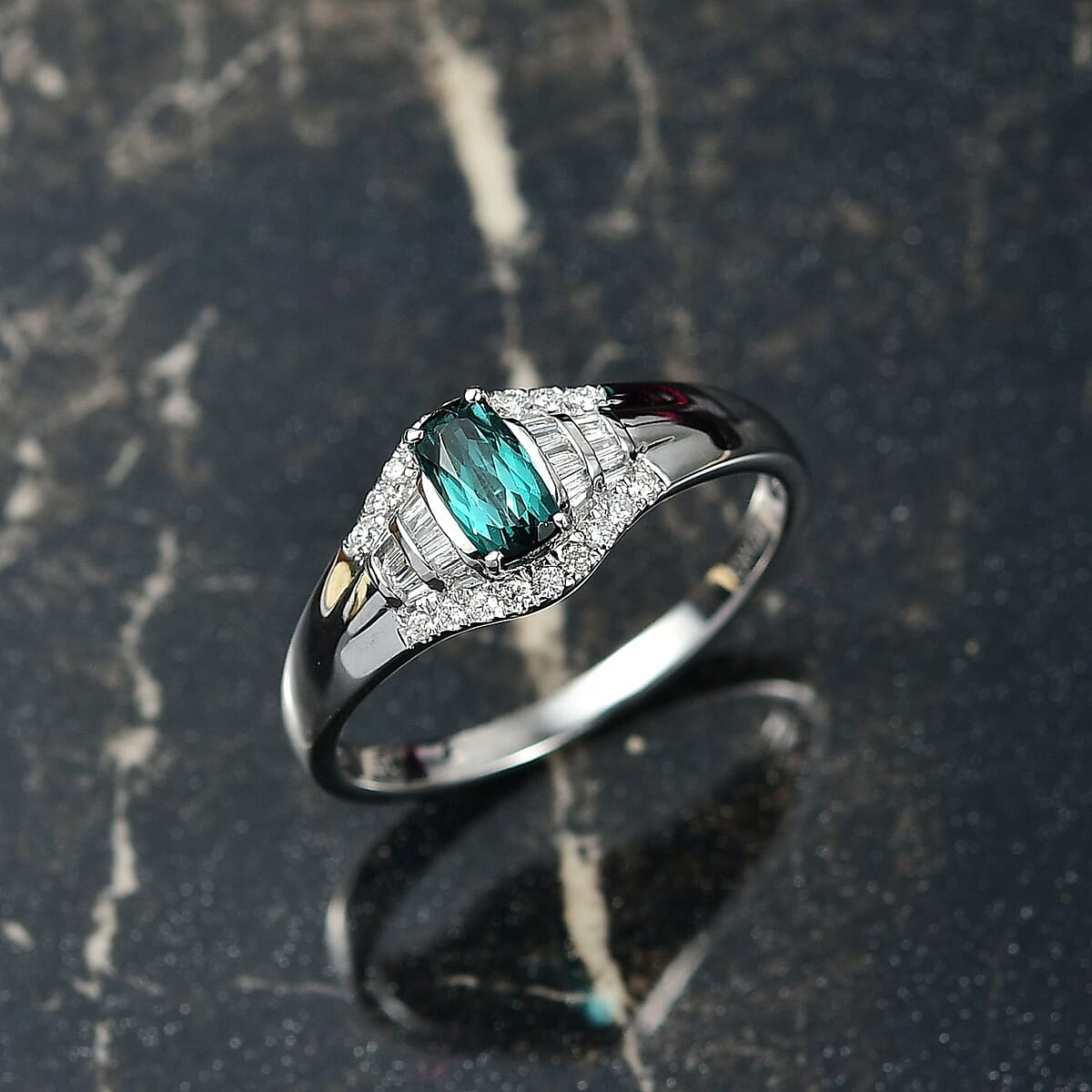 Certified & Appraised Luxoro AAA Monte Belo Indicolite and G-H I2 Diamond 0.94 ctw Ring in 10K White Gold (Size 10.0) image number 1