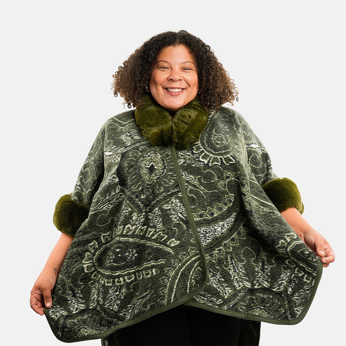Instyle Olive Paisley Faux Fur Ruana - One Size Fits Most image number 3