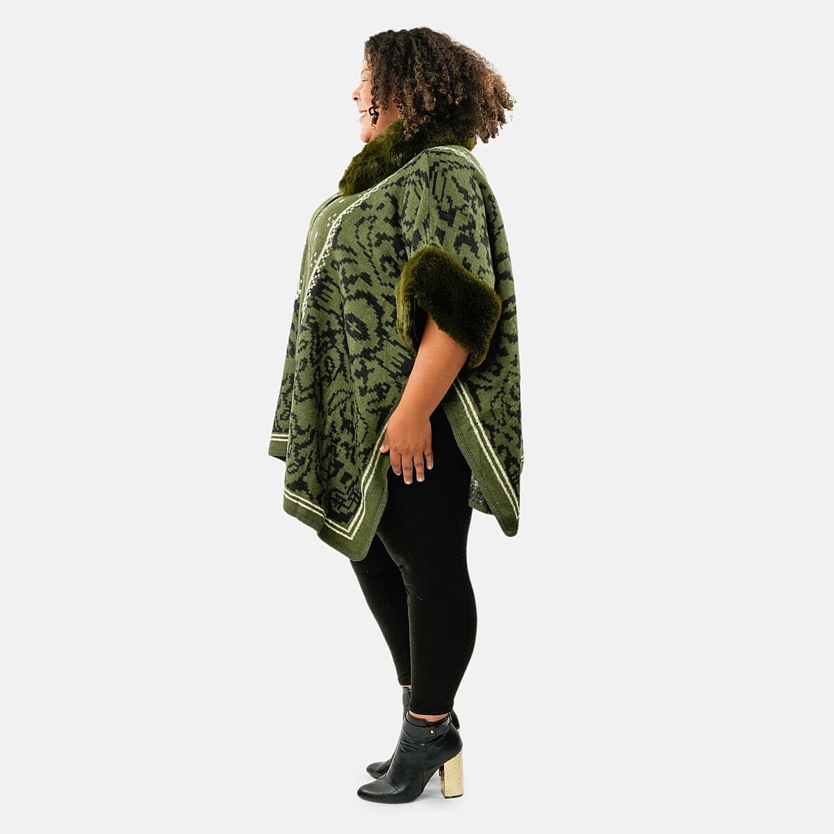 Instyle Olive Abstract Faux Fur Ruana - One Size Fits Most image number 2