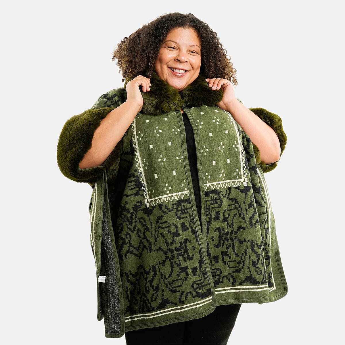 Instyle Olive Abstract Faux Fur Ruana - One Size Fits Most image number 3